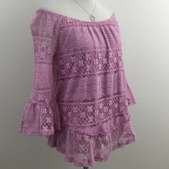 Pink Lace Bell Sleeve Off the Shoulder top - Picture 3 of 7